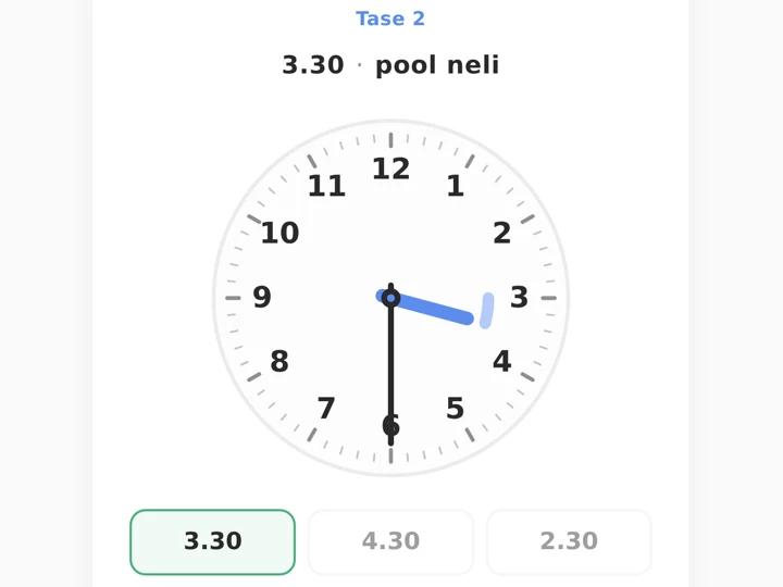 Kellanäoga kell, mille osutid näitavad pool nelja, ja kolm vastusevarianti